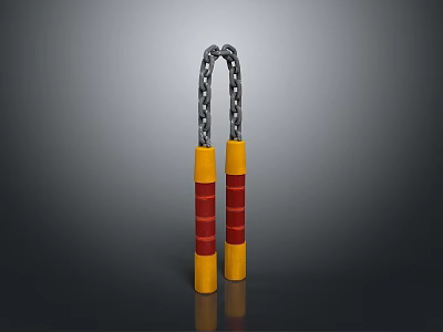 Traditional Nunchucks Weapon With Yellow Red Handles And Metal Chain 3d model