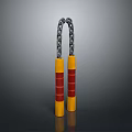 Traditional Nunchucks Weapon With Yellow Red Handles And Metal Chain
