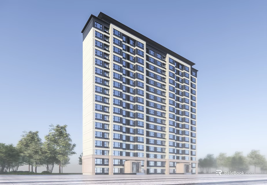 Modern High rise Building Exterior With Multiple Windows Trees And Road 3d model 