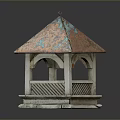 Classic Rustic Wooden Pavilion With Copper Roof Arched Design And Base Structure