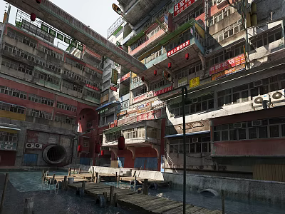 Multi Storey Residential Building with Balconies Red Lanterns Connecting Walkways Water Area And Wooden Platforms 3d model