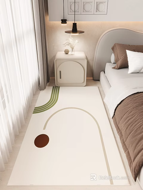 Modern Bedroom Interior With Bed Nightstand Geometric Rug And White Curtains 3d model 