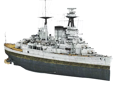 Historical Battleship With Large Superstructure Gun Turrets And White Dark Hull 3d model