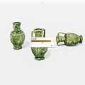 Three Green Ceramic Vessels Featuring Different Shapes And Intricate Carved Patterns 3d model