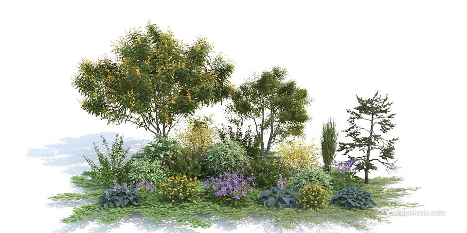 Trees as Main Plants in Garden with Mixed Shrubs Flowers and Greenery 3d model 