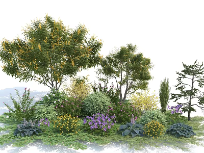 Trees as Main Plants in Garden with Mixed Shrubs Flowers and Greenery 3d model
