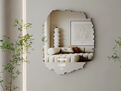 Stylish Irregular Shaped Mirror in Modern Living Room with Sofa Decorative Painting and Green Plants 3d model