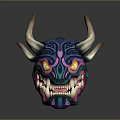 Detailed Fantasy Game Movie Character Head With Colorful Horns Glowing Yellow Eyes And Sharp Teeth