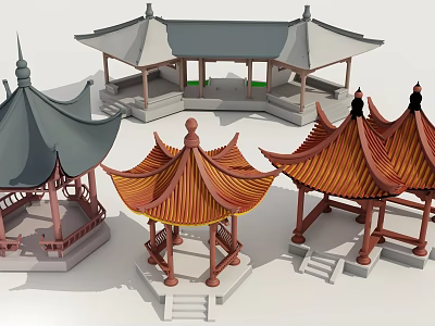 Traditional Chinese Pavilions With Gray And Orange Roofs In Classic Design 3d model