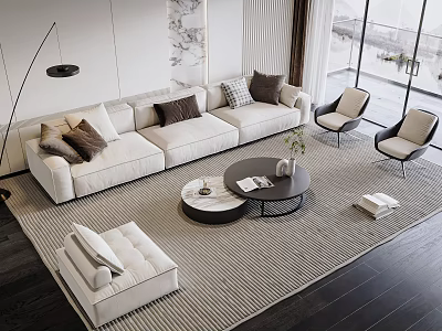 Modern Beige Sofa and Coffee Table Set With Throw Pillows Accent Chairs and Area Rug 3d model