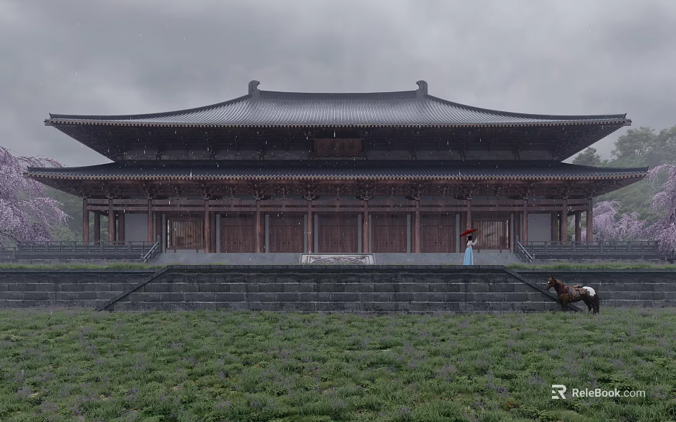 Ancient Two-Story Wooden Architecture With Black Roof Steps Red Umbrella Figure Near Horse On Grass 3d model 