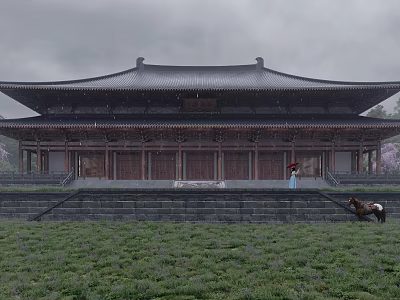 Ancient Two-Story Wooden Architecture With Black Roof Steps Red Umbrella Figure Near Horse On Grass 3d model