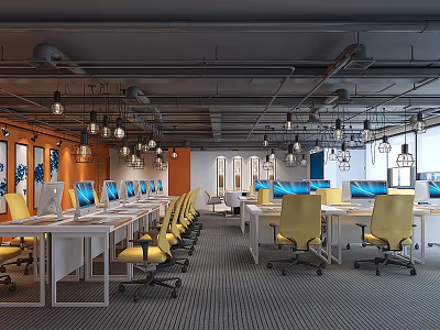 Modern Public Office Space With Open Layout Multiple Workstations And Yellow Chairs 3d model