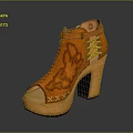 Orange Leather High Heel Shoes With Embroidered Floral Patterns And Block Heel Design