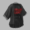 Black Lace Trimmed Coat With Red Corset Top And Black Skirt Outfit
