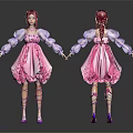 3D Female Character Design With Pink Dress Braided Hair Puffy Sleeves And Purple Heels 3d model