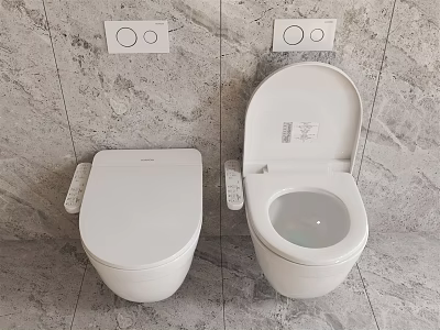 Modern White Wall Mounted Toilets With Control Panels On Gray Marble Wall 3d model