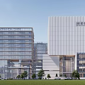 Modern Office Building Complex with Glass Curtain Walls White Exterior and Green Landscaping
