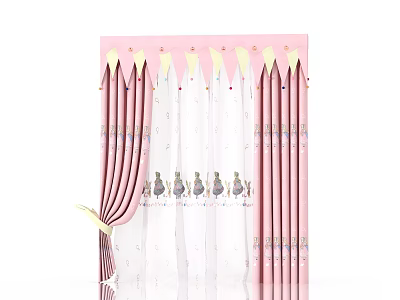 Pink Kids Room Curtains With Crown Shaped Top And Cartoon Rabbit Design Sheer Layer 3d model