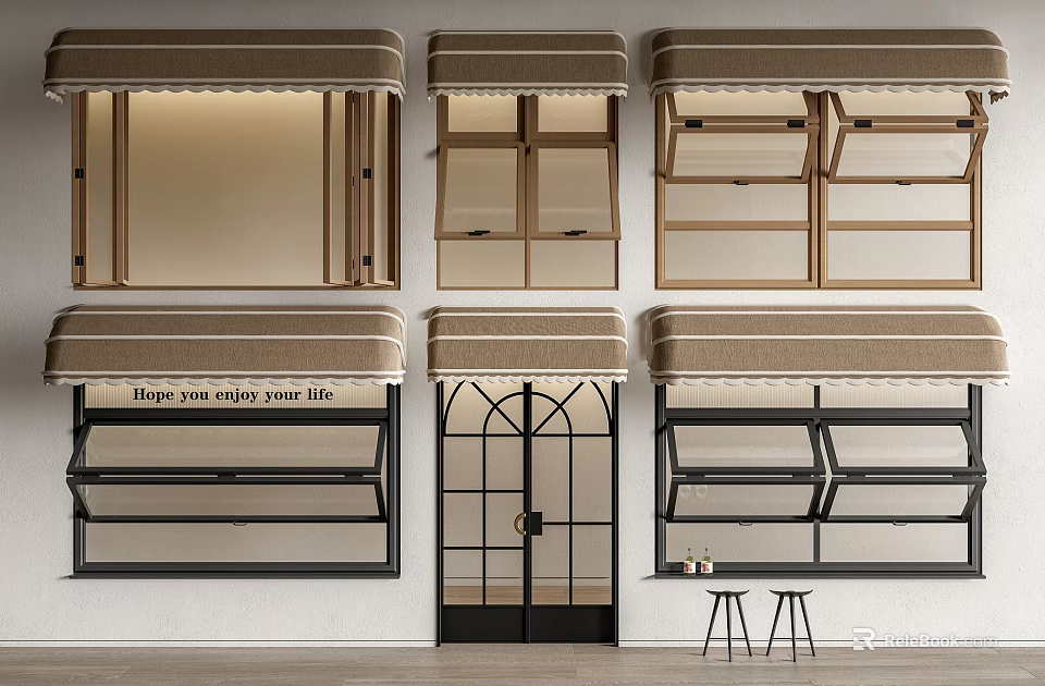 Various Storefront Window Designs With Awnings Frames And Glass Panels 3d model 