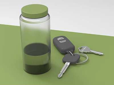 Transparent Glass Jar With Green Lid And Liquid Next To Car Keys 3d model