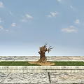Ancient Arbor With Gnarled Trunk In Central Green Grass Plot And Square Stone Pavement 3d model