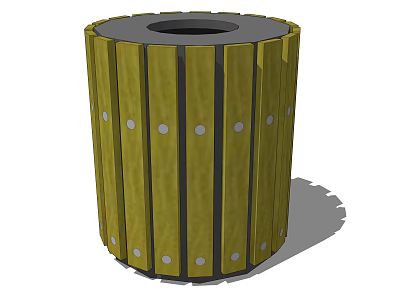 Public Facility Outdoor Trash Bin Cylindrical Wooden Structure With Black Top And Silver Rivet Accents 3d model