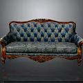European Style Carved Sofa With Blue Diamond Patterned Fabric And Red Wooden Armrests