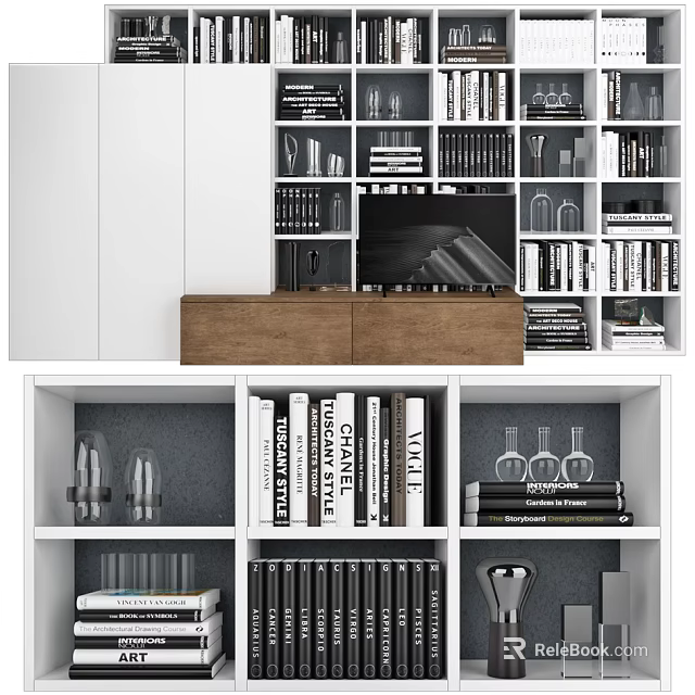 Modern Bookcase Design with Open Shelves Books and Decorative Glass Vases 3d model 