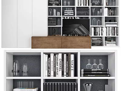Modern Bookcase Design with Open Shelves Books and Decorative Glass Vases 3d model