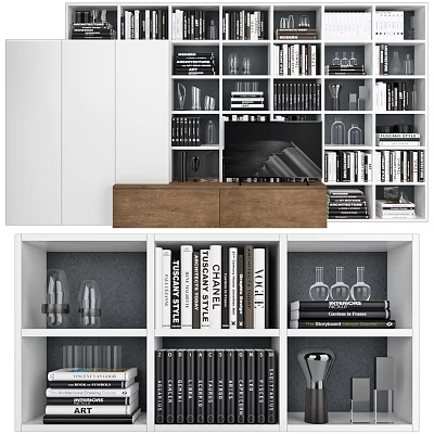Modern Bookcase Design with Open Shelves Books and Decorative Glass Vases 3d model