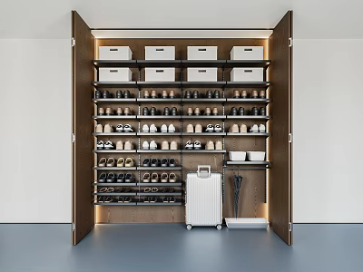 Modern Open Shoe Rack With Multiple Shelves Storage Boxes Shoes Suitcase And Umbrella 3d model