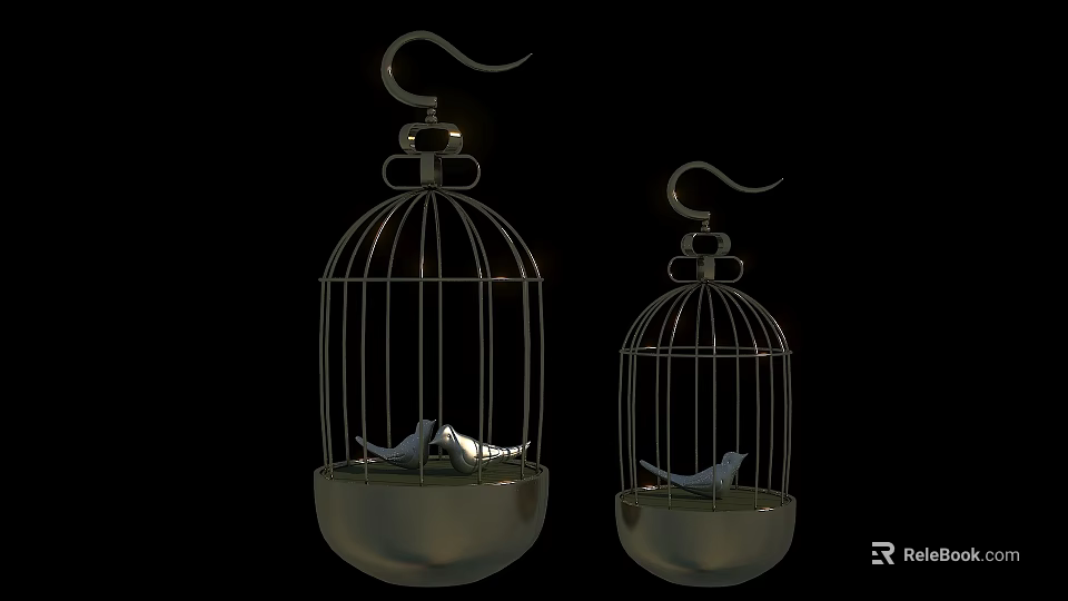 Decorative Ornament Set With Metal Birdcages And White Birds For Home Decor 3d model 