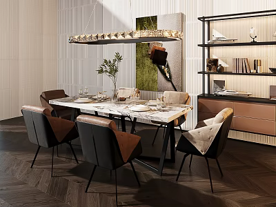 Modern Dining Table Set With Marble Top Modern Chairs Pendant Light Wooden Floor And Bookshelf 3d model