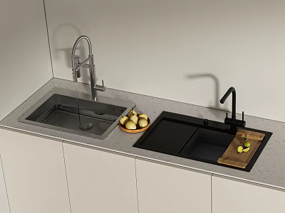 Modern Kitchen Sink Double Bowl with Stainless Steel and Black Faucets Gray Countertop White Cabinets 3d model