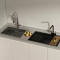 Modern Kitchen Sink Double Bowl with Stainless Steel and Black Faucets Gray Countertop White Cabinets