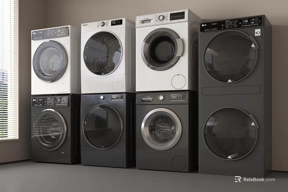Various Modern Washing Machines With Different Designs Stacked In Home 3d model 