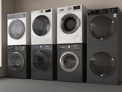 Various Modern Washing Machines With Different Designs Stacked In Home 3d model