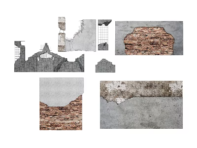 Different Types of Wall with Brick and Concrete Textures and Damaged Sections 3d model