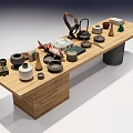 Wooden Coffee Table With Concrete Legs Adorned With Teacups Books And Decorative Ornaments