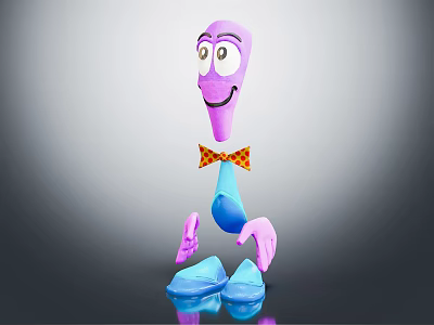 Purple Cartoon Creature With Big Eyes Smiling Face Orange Bow Tie Blue Pants Pink Shoes 3d model