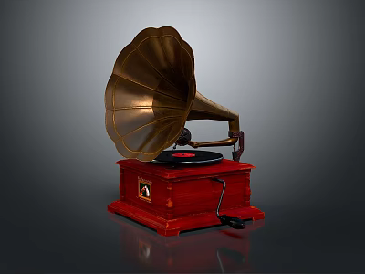 Vintage Gramophone Design With Brass Horn Red Wooden Base And Turntable 3d model