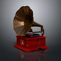 Vintage Gramophone Design With Brass Horn Red Wooden Base And Turntable