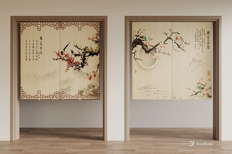 Traditional Chinese Decorative Doors With Plum Blossoms Birds And Calligraphy Art 3d model 