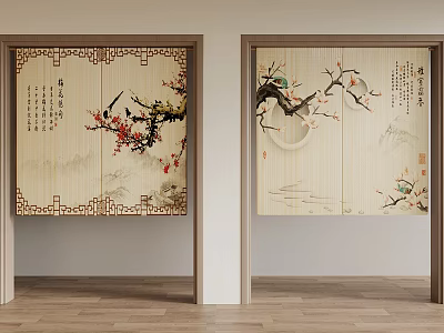 Traditional Chinese Decorative Doors With Plum Blossoms Birds And Calligraphy Art 3d model