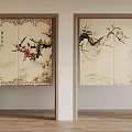 Traditional Chinese Decorative Doors With Plum Blossoms Birds And Calligraphy Art