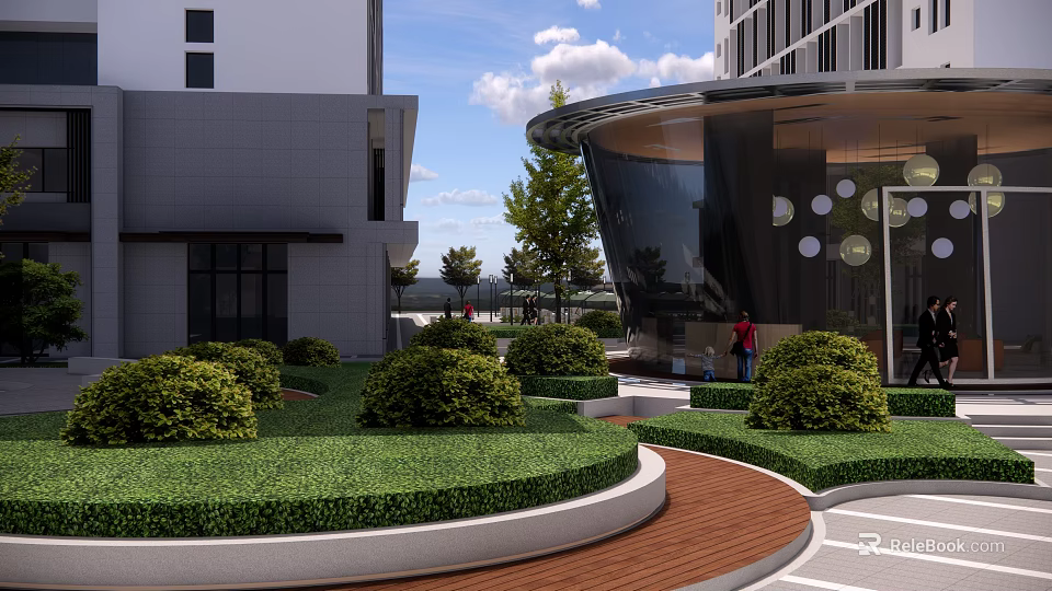 Modern Building Exterior With Landscaped Lawn Trimmed Shrubs And Curved Wooden Path 3d model 