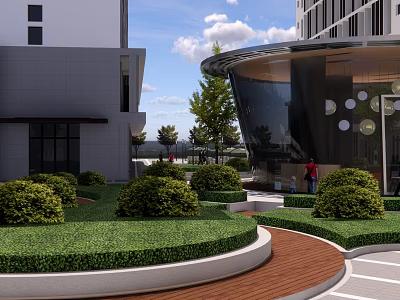 Modern Building Exterior With Landscaped Lawn Trimmed Shrubs And Curved Wooden Path 3d model