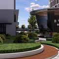 Modern Building Exterior With Landscaped Lawn Trimmed Shrubs And Curved Wooden Path