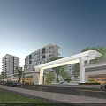 Modern Building Complex Entrance Gate With Covered Structure Trees Greenery And Cars On Roadway